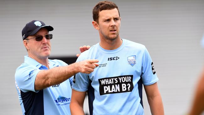 Coach Geoff Lawson with Australian paceman Josh Hazlewood. Picture: AFP