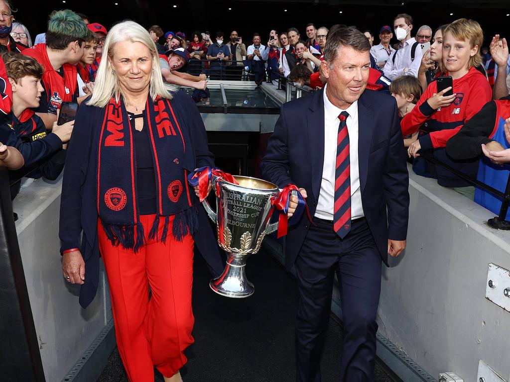 Kate Roffey and Gary Pert in 2022 with Melbourne’s premiership trophy. Picture: Michael Klein