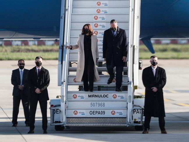 US Vice President Kamala Harris and First Gentleman Douglas Emhoff disembark from Air Force Two at the Orly Airport, near Paris. Picture: AFP.