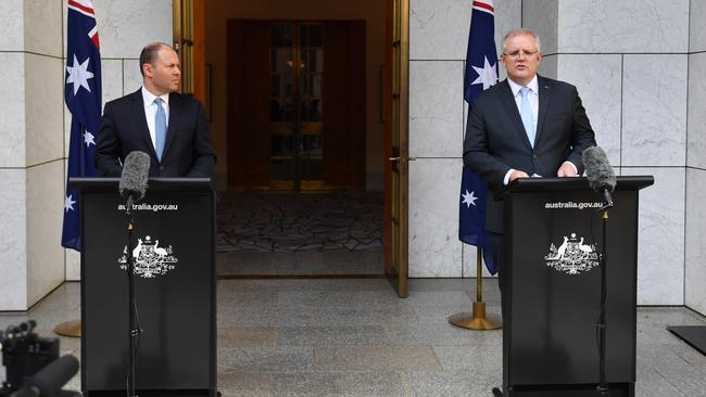 Treasurer Josh Frydenberg and Prime Minister Scott Morrison announce the government's $130bn wage subsidy package. Picture: AAP