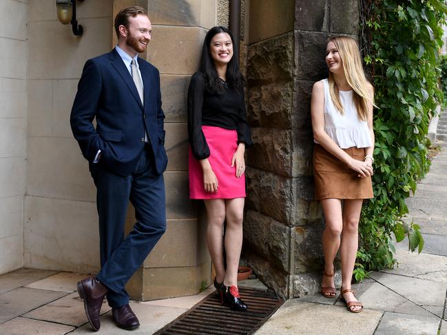 Tim Berney-Gibson, Tiffany Wong and Christina Pennell, resident students at Graduate House at St Paul's College. Picture: Dan Himbrechts.