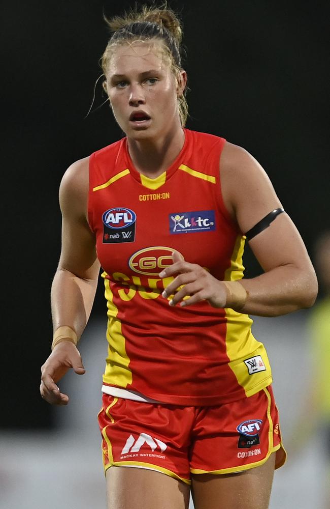 Charlie Rowbottom of the Suns looks on during the round one AFLW match between the Gold Coast Suns and the Greater Western Sydney Giants at the Great Barrier Reef Arena on January 09, 2022 in Mackay, Australia. Picture: Ian Hitchcock