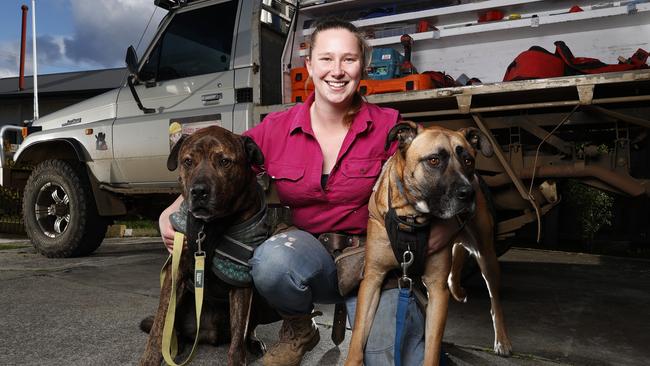 Zab with her dogs Tank, 11 and Rocky, 3, who she says are the real bosses on site. Picture: Zak Simmonds