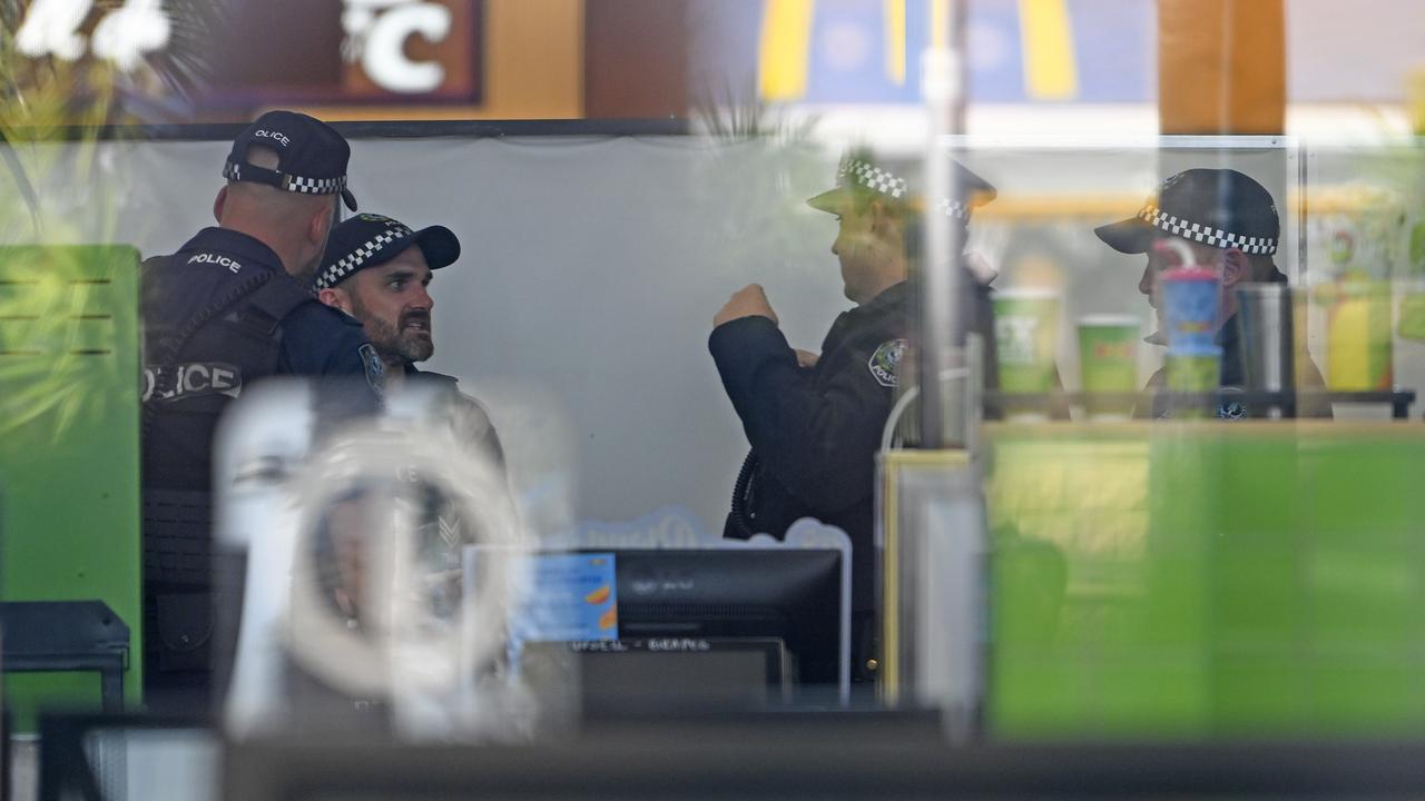 Police inside Elizabeth Shopping Centre after the teenage boy was stabbed during a brawl. Picture: Mark Brake