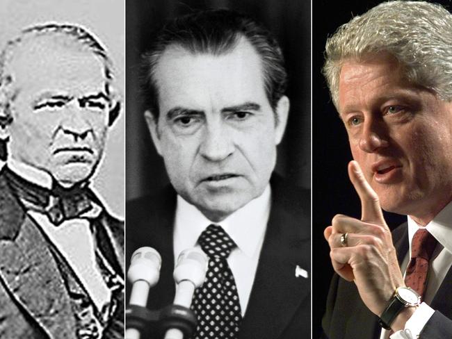 (Left to right) US Presidents Andrew Johnson, Richard Nixon and Bill Clinton. Picture: AFP