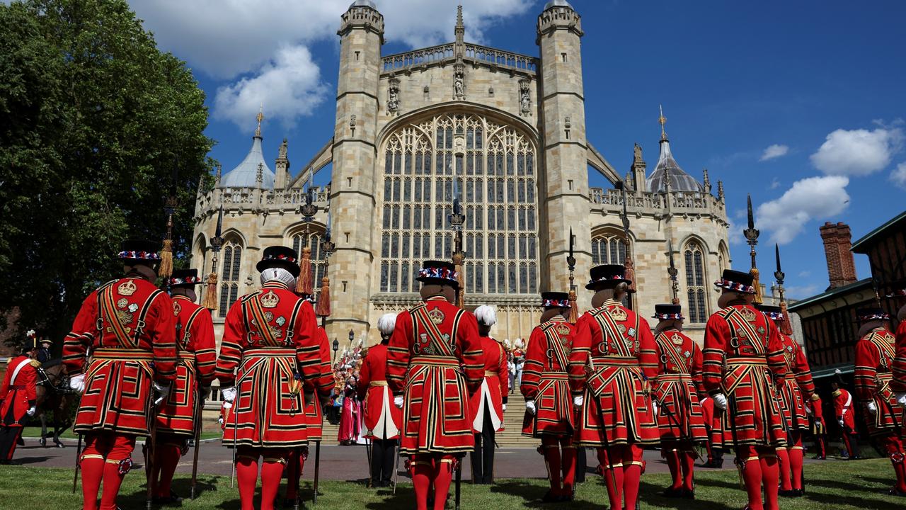 Yeoman Warders stand in position in front of St George's Chapel at Windsor Castle. Picture: Getty