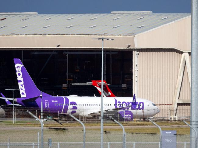 A Bonza plane grounded at Melbourne airport. Picture: Mark Stewart