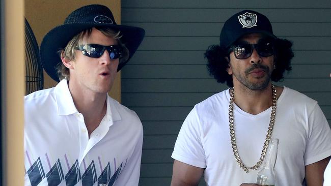 Rory Sloane and Eddie Betts enjoy some post-season banter. Picture: Calum Robertson