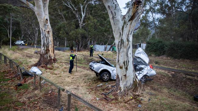 Major crash investigators on the scene of the fatal crash on Montacute Road, Athelstone. Picture: Tom Huntley