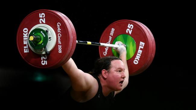 Laurel Hubbard of New Zealand competes in the Women's +90kg Final during the Weightlifting on day five of the Gold Coast 2018 Commonwealth Games.