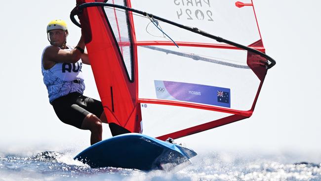 MARSEILLE, FRANCE - JULY 30: Grae Morris of Team Australia competes in the Men's Windsurf iQFoil class race on day four of the Olympic Games Paris 2024 at Marseille Marina on July 30, 2024 in Marseille, France. (Photo by Clive Mason/Getty Images)