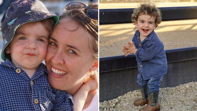 Megan Schofield, of Marian, with son William, 1, at the inaugural Dittmann Bucking Bulls and Bull Pit Bull Bash in August, 2021, to support Harley Schofield who travels Queensland for his role as a rodeo protection athlete. Picture: Heidi Petith