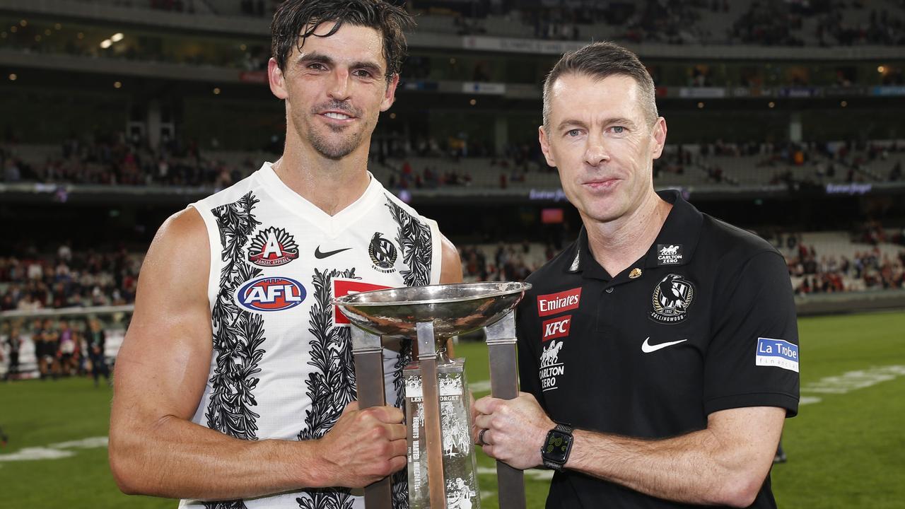 Scott Pendlebury and Craig McRae have re-signed with Collingwood. Picture: Darrian Traynor/AFL Photos/Getty Images