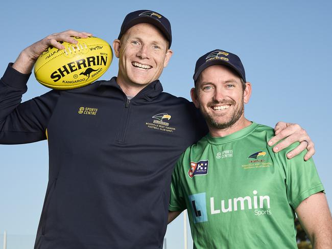 Eagles Coach, Sam Jacobs with former Test Cricketer, Chadd Sayers in Woodville South, where SayerÃ¢â¬â¢s will be a matchday runner this season, Wednesday, May 8, 2024. Picture: Matt Loxton