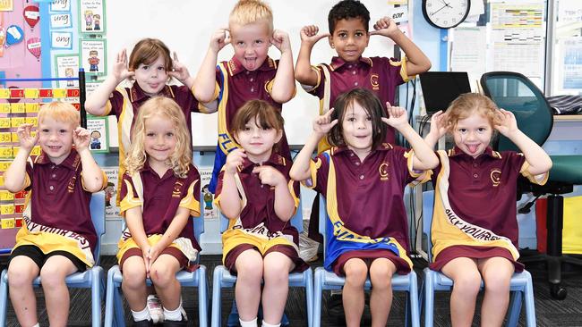 My First Year: Bundaberg Central State School Preps, (back) Abbigail, Etha, David. (front) Jye, William, Zofia, Lyla. Picture: Patrick Woods.