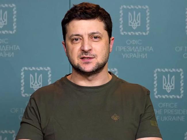 Ukrainian President Volodymyr Zelensky delivering an address in Kyiv.