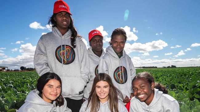 Six Indigenous girls - three from Tiwi and three from local Indigenous community (northwest corridor) - will be visiting a farm for the first time, in Werribee, as part of Coles and the Essendon FC's First Nations Pathway Program. The girls will tour Fresh Select Farm with John Said the Farmer and then cook some of the produce for lunch with Chef and Coles Ambassador, Michael Weldon. (L-R front)Jada Ross, Remi Jean Watters and Winnie Puruntatameri  (L-R Back) Lara Churchill, Rosie Wilson, Taniesha John-Forest