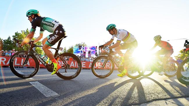 Daniel Oss of Italy and Bora-Hansgrohe leads Peter Sagan of Slovakia and Bora-Hansgrohe during the People's Choice Classic. Picture: Daniel Kalisz/Getty Images