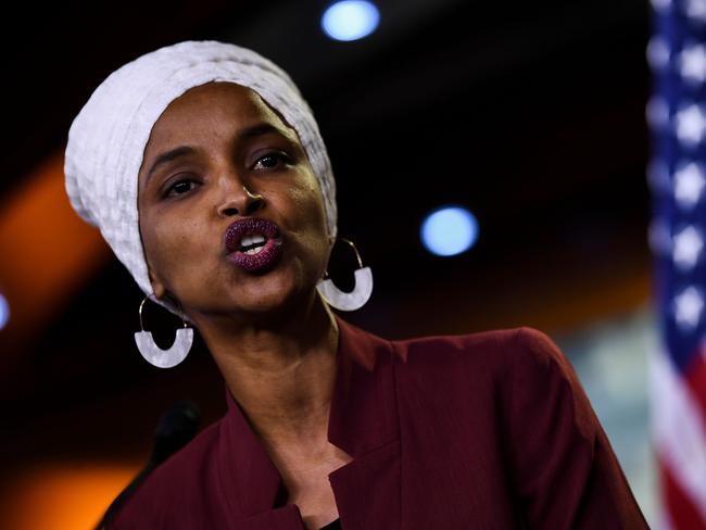 (FILES) In this file photo taken on July 15, 2019 US Representatives Ilhan Abdullahi Omar (D-MN) speaks during a press conference, to address remarks made by US President Donald Trump earlier in the day, at the US Capitol in Washington, DC. - Israel may bar a visit by two US congresswomen who have expressed support of a boycott of the Jewish state despite having signalled they would be allowed in, a government official said on August 15. Ilhan Omar and Rashida Tlaib, who is of Palestinian origin, are expected at the weekend for a visit to Israel and the Palestinian territories. Prime Minister Benjamin Netanyahu held consultations on the visit on Wednesday and a final decision is being weighed, the government official said on condition of anonymity. (Photo by Brendan Smialowski / AFP)