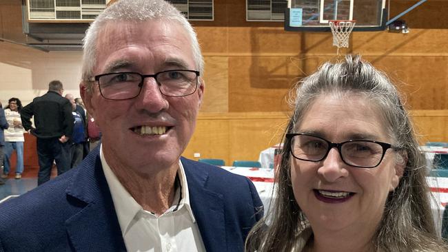 Peter and Angela Ovens celebrate the 50th anniversary of the Rainbows Rugby League Football Club at its golden jubilee at the Gympie Showgrounds Pavilion on the night of June 3, 2023.