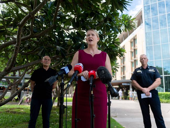 Deputy Chief Minister Nicole Manison, Northern Territory's Chief Health Officer Hugh Heggie and NT Police Commander Matthew Hollamby give an update on declared coronavirus hotspots in the Sydney region prior to NYE 2020. Picture: Che Chorley