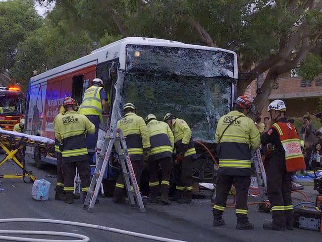 **MUST CREDI TNV  - FEES APPLY* BUS AND CAR, SEVENTH AVE, CAMPSIE NSW, AUSTRALIA, 20/03/2024, , Description, , AT APPROXIMATELY 4:25 PM TODAY, EMERGENCY SERVICES RESPONDED TO A BUS VS. CAR CRASH ON SEVENTH AVENUE IN CAMPSIE. TWO PEOPLE WERE TRAPPED IN THE BUS. TWO ON THE BUS ARE ONE PATIENT WITH SERIOUS INJURIES AND ANOTHER IN CRITICAL CONDITION., AMBULANCE CREWS TREATED APPROXIMATELY TWENTY PEOPLE FOR MINOR INJURIES. Photo: TNV