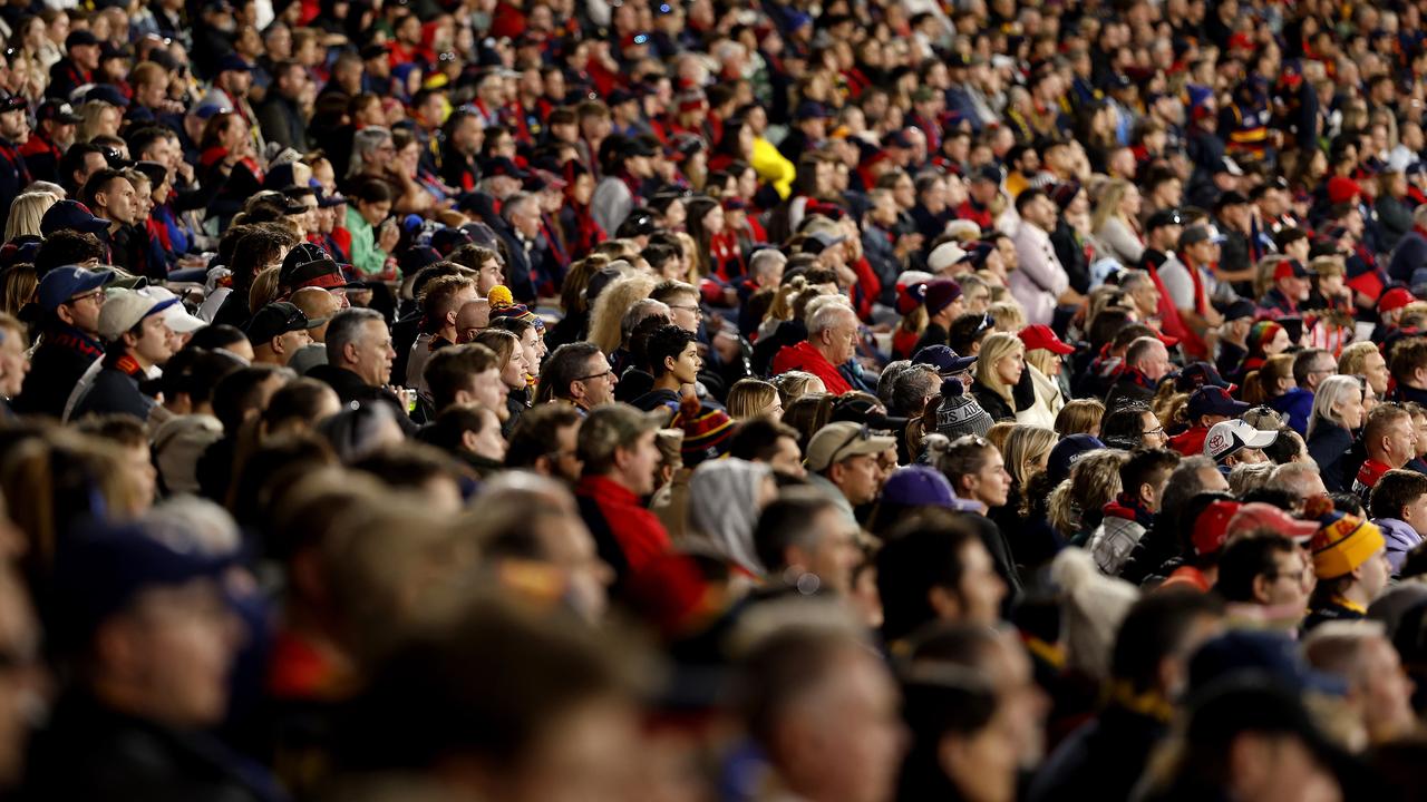 Big crowds during the AFL Gather Round match between the Adelaide Crows and Melbourne Demons at the Adelaide Oval on April 4, 2024. Photo by Phil Hillyard