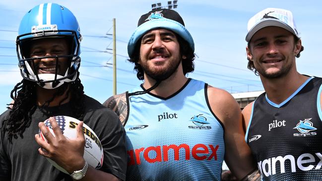 Former NFL star Todd Gurley visits the Cronulla Sharks at training. Picture: Supplied.