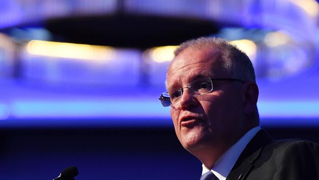 Prime Minister Scott Morrison delivers his Federal Budget Lunch address at the Four Seasons hotel in Sydney on Friday. Picture: AAP Image/Dean Lewins.