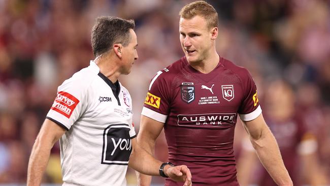 A clearly frustrated Daly Cherry-Evans has a word in the ear of the referee.