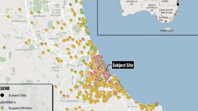 A map showing objections and support for The Collective, a planned tower at Palm Beach on the Gold Coast.