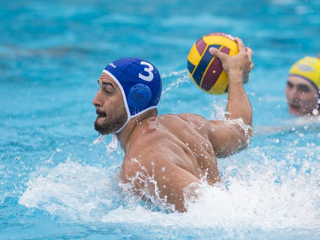 Jasa Kadivec of Gold Coast Gold against Sunshine Coast FBRD in the grand final open men Water Polo Queensland 2021 Queensland Country Championships at Milne Bay Aquatic and Fitness Centre, Sunday, February 14, 2021. Picture: Kevin Farmer