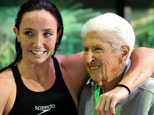 Lani Pallister poses for pictures with her godmother at the Australian Swimming Trials in June. Picture: AFP