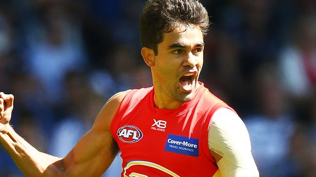 MELBOURNE, AUSTRALIA - MARCH 31: Jack Martin of the Suns celebrates a goal  during the round two AFL match between the Carlton Blues and the Gold Coast Suns at Etihad Stadium on March 31, 2018 in Melbourne, Australia.  (Photo by Michael Dodge/Getty Images)
