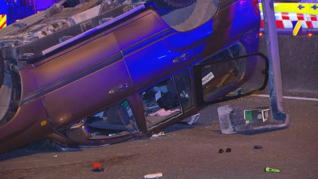 The Toyota LandCruiser which landed on its roof after the crash. Picture: Active Media Images