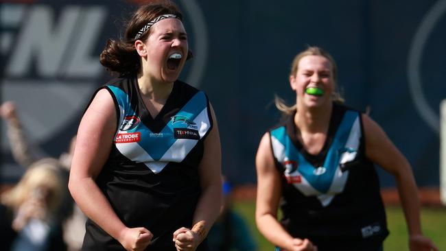 Megan Girolami celebrates a goal for St Mary’s. Picture: Hamish Blair