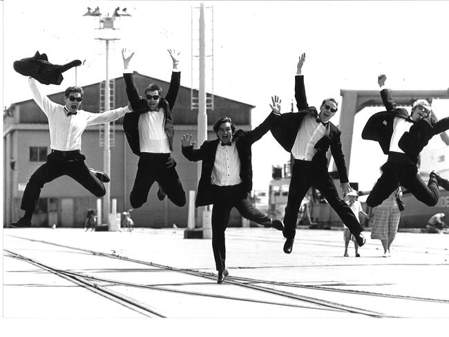 NYE celebrations on The Pier 1989. From left John Breguet, Chris Jackman, Rick Clingan, Richie Condon and Phil Rouse. Picture: Phillip Stubbs