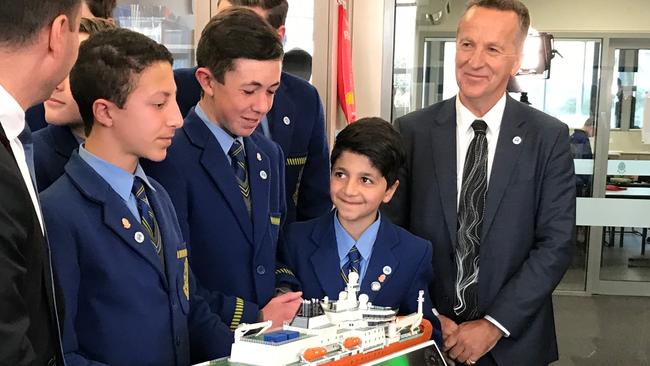 Australian Antarctic Division director Nick Gales, far right, with St Virgil’s College students at the naming announcement for the New Australian icebreaker — the RSV Nuyina (noy-yee-nah), meaning southern lights in palawa kani. Picture: ALEX LUTTRELL