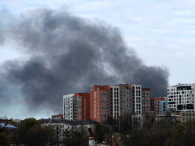 Smoke on the horizon after Russian missiles struck the area in Lviv, Ukraine. Picture: Getty Images