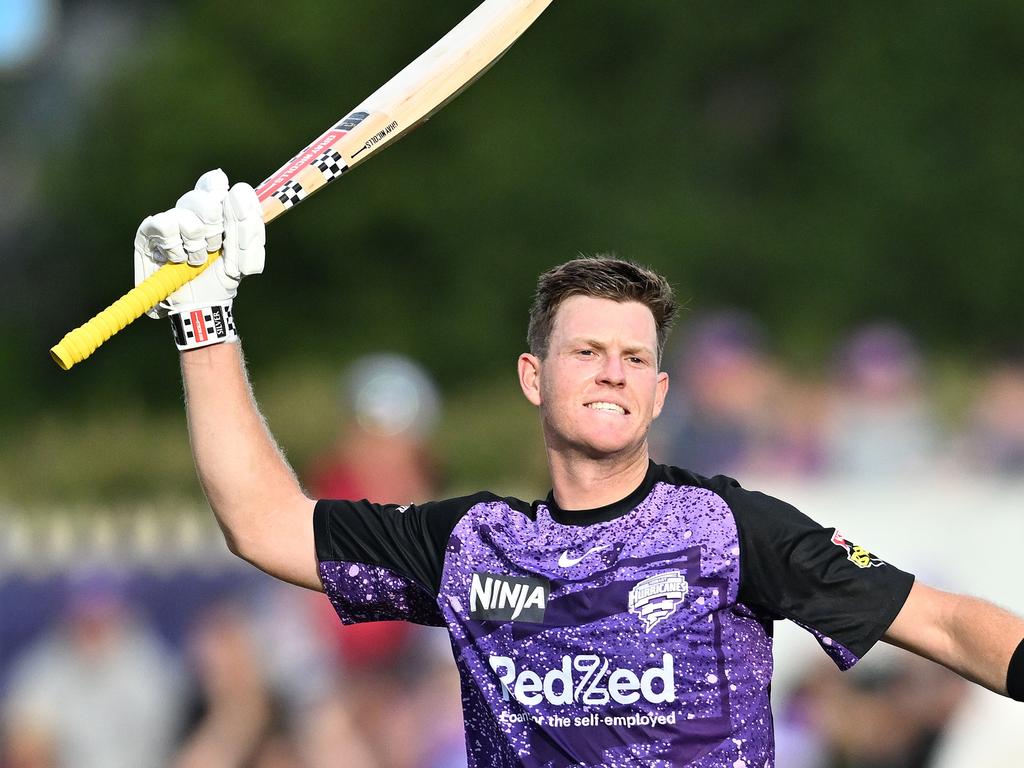 Mitch Owen celebrates his maiden BBL century against Perth Scorchers.