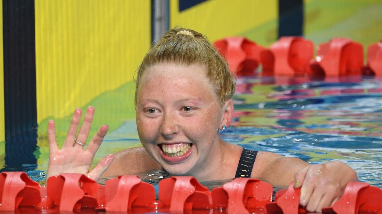 Lakeisha Patterson after winning the Women's S9 100m Freestyle Final on day four of swimming competition at the XXI Commonwealth Games at Gold Coast Aquatic Centre on the Gold Coast, Australia, Sunday, April 8, 2018. PHOTO: AAP /Dave Hunt