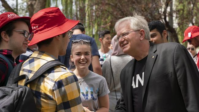 Brian Schmidt meets students at the Australian National University in February 2020. Picture: Lannon Harley/ANU