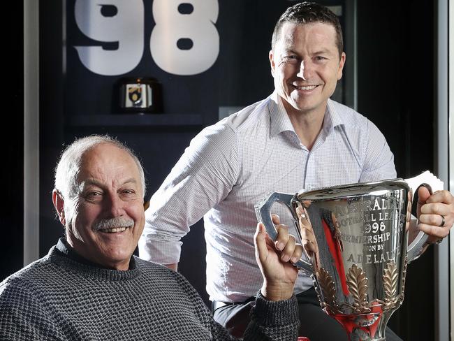 It's 20 Years since Adelaide's 1998 premiership. Coach Malcolm Blight and Captain Mark Bickley with the cup at Adelaide Football Club HQ. Picture Sarah Reed