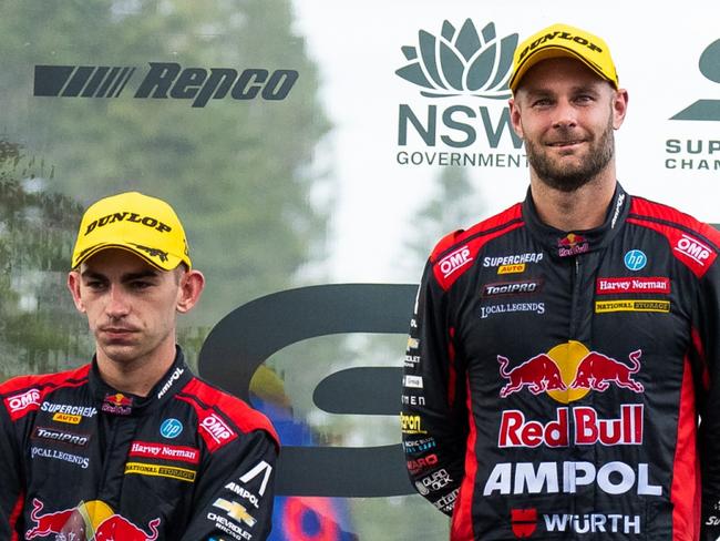 NEWCASTLE, AUSTRALIA - MARCH 11: (EDITORS NOTE: A polarizing filter was used for this image.) Broc Feeney driver of the #88 Red Bull Ampol Racing Chevrolet Camaro, Shane van Gisbergen driver of the #97 Red Bull Ampol Holden Chevrolet Camaro and Cameron Waters driver of the #6 Monster Energy Racing Ford Mustang after the race 1, part of the 2023 Supercars Championship Series at  on March 11, 2023 in Newcastle, Australia. (Photo by Daniel Kalisz/Getty Images)