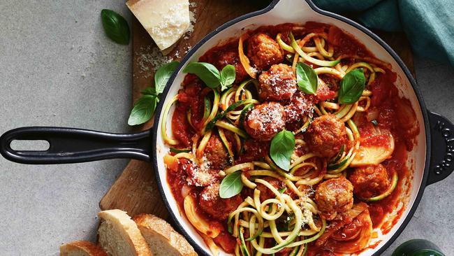 Zoodles and meatballs with spicy fennel tomato sauce.