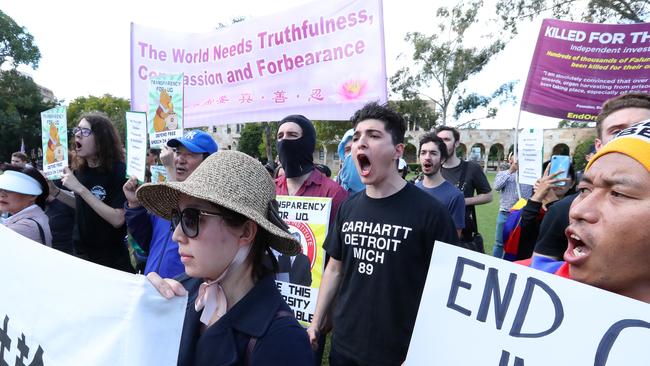 Protests at University of Queensland against the uni's China-aligned Confucius Institute. Picture: Liam Kidston.