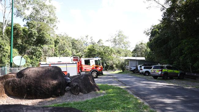 Emergency service vehicles including Queensland Fire Department and Queensland Ambulance Service at the the entry of the Behana Gorge walking trail at Aloomba, south of Cairns.