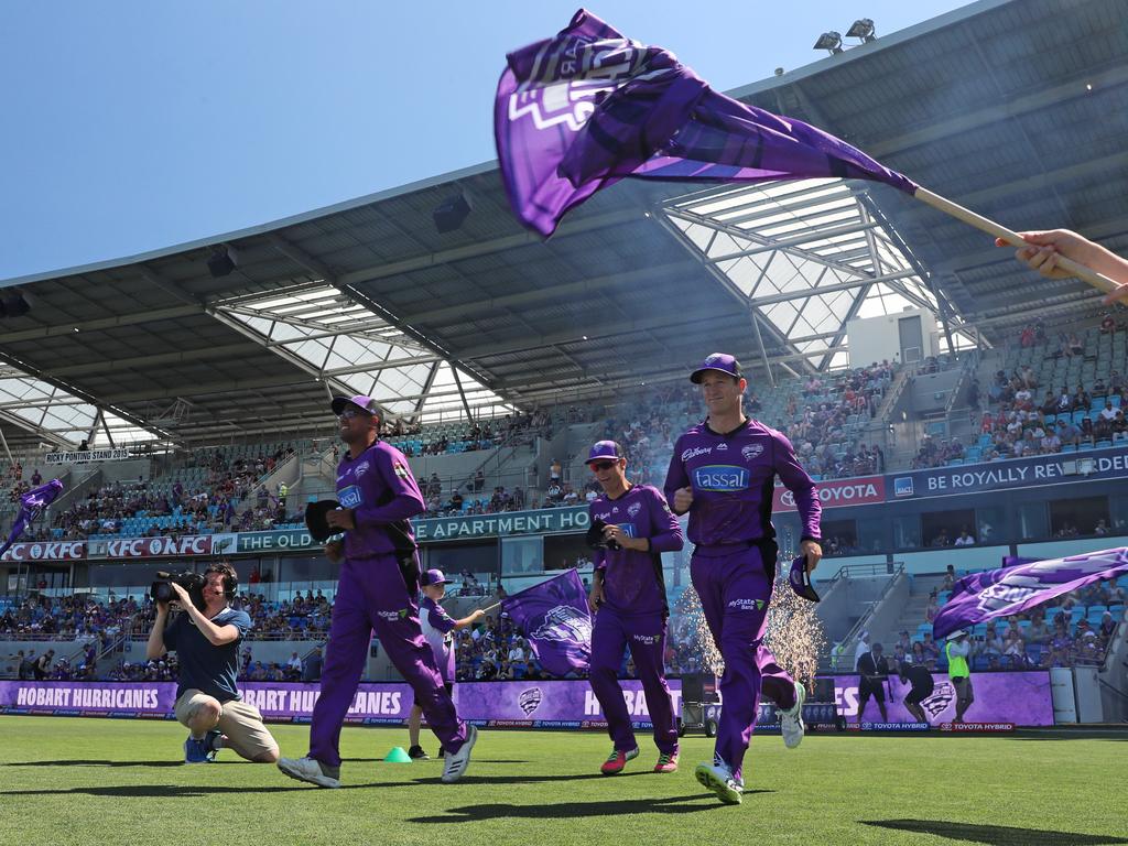 Hurricane players run out onto the field for their Christmas Eve match against the Melbourne Stars. Picture: LUKE BOWDEN