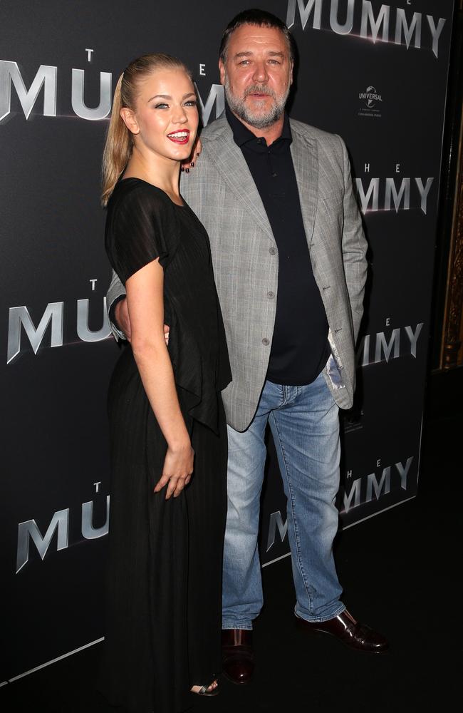 Sophia Forrest and Russell Crowe at the Australian premiere of The Mummy in Sydney. Picture: Christian Gilles