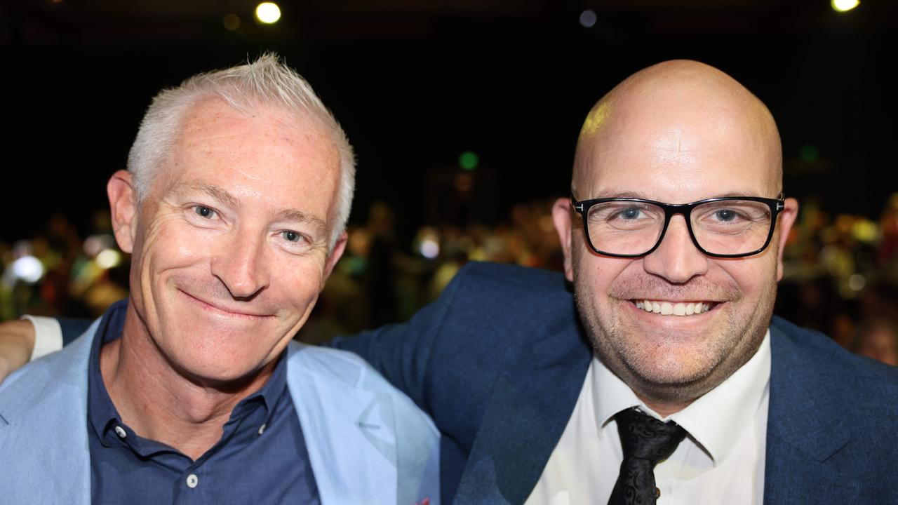 John Warn and Tim Baker at the Ray White Surfers Paradise Business Meets Sport lunch 2024 for Gold Coast at Large. Picture, Portia Large.